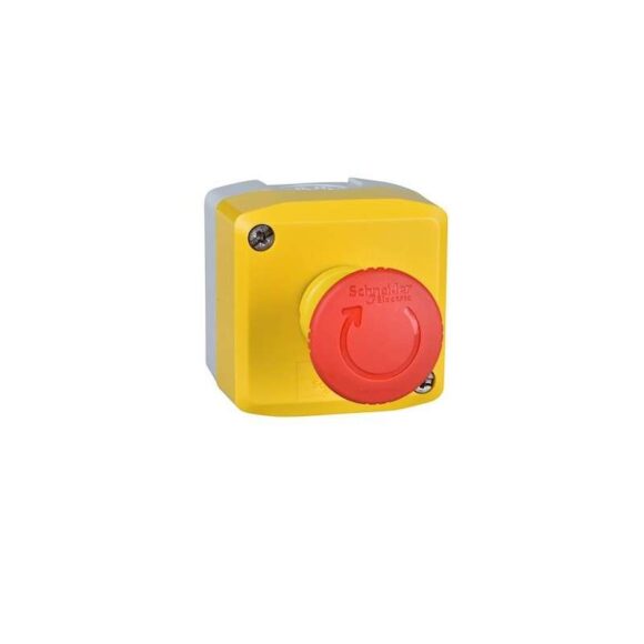Boite jaune arrêt urgence rouge - pousser tourner -
