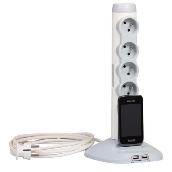 Rallonge verticale - 4x 2P+T avec inter + 2 USB + 1 micro USB - Blanc/gris
